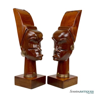 Vintage Traditional African Mahogany Carved Nubian Women Sculptures - A Pair