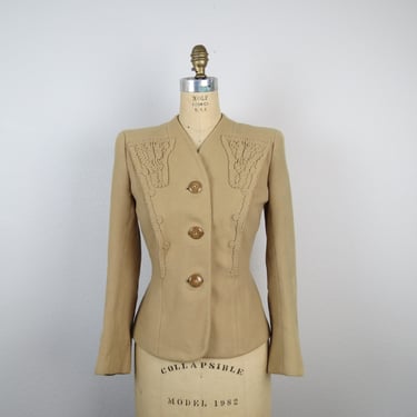 vintage 1930s, 1940s wool blazer jacket soutache camel vegetable ivory buttons, size small, AS IS 