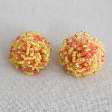1950s Yellow and Orange Seed Bead Knot Clip Earrings 