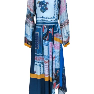 BCBG Max Azria - Blue Silk Multi Print Maxi Dress w/ Hi-Low Hem Sz XXS
