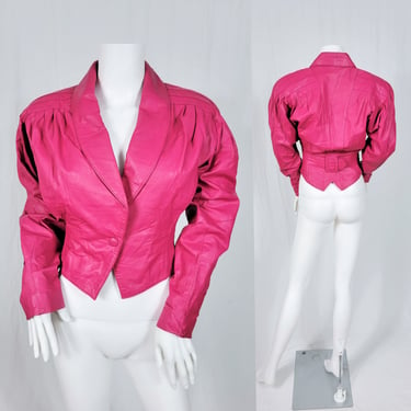 Chia 1980's Hot Pink Cropped Leather Jacket with Buckle Back I Sz Sm I Coat 