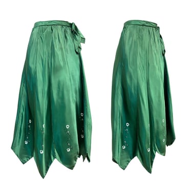 Vtg 40s Emerald Green Satin Hand Painted Clover Music Note Novelty Midi Skirt 