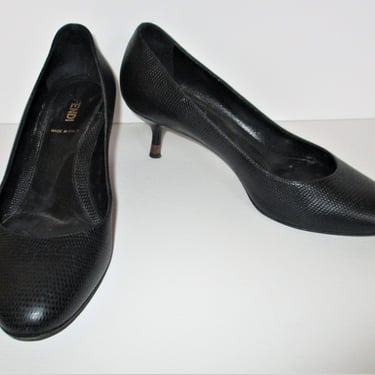 Vintage Fendi Pumps, Heels, Shoes, Black Lizard-Embossed Leather, Size 36 Women 
