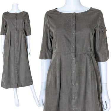 Vintage Corduroy Dress, Small Petite / Brown 90s Cotton Button Dress / Empire Waist Market Dress / Earth Tone Casual Maxi Dress with Pockets 