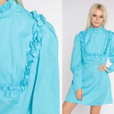 Blue Babydoll Dress 70s Mini Dress Mod Ruffle Bib Dress Empire Waist High Neck Dolly Long Puff Sleeve Victorian Vintage 60s Small Medium 