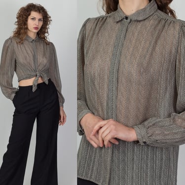 80s Sheer Herringbone Striped Blouse - Medium | Vintage Button Up Collared Long Puff Sleeve Secretary Top 