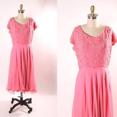 1960s Pink Short Sleeve Swirl Floral Beaded Chiffon Overlay Plus Size Volup Dress -L 