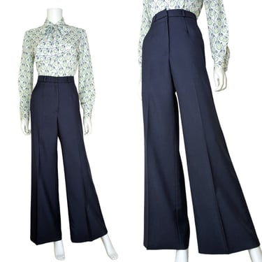 Vintage High Waist Slacks, Small / Navy Blue Wide Leg Creased Dress Pants / Women's 1970s Polyester Knit Flat Front Trousers 