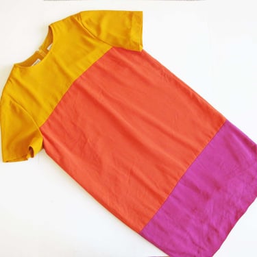Vintage Colorblock Sheath Dress M - Vintage 90s Liz Striped Yellow Coral Pink Panel Short Sleeve Shift Dress 