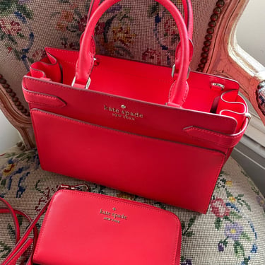 Kate Spade Saffiano New York Medium Staci Gazpacho with Wallet ~Satchel Handbag Vibrant Amazing Color-  Shoulder Bag with Optional Crossbag 