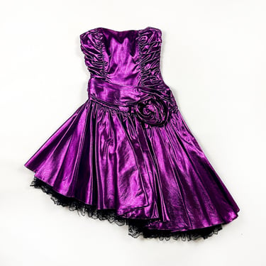 1980s Zum Zum Purple Lame Fit and Flare Party Dress / Strapless / Rosette / Crinoline / Ruched / Stage / Metallic / Prom / Madonna / M / 