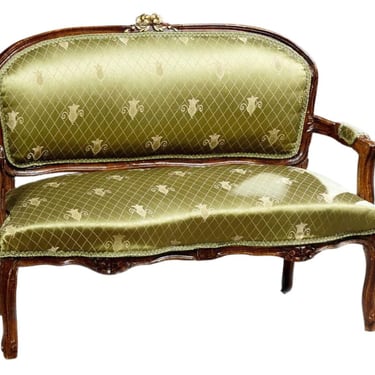 Loveseat, French Louis XV Style, Petite, Green, Silk, Early 20th C.!!