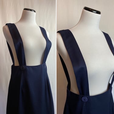 80’s navy blue high waisted jumper~ dress~skirt suspenders straps Stylish long fitted pencil skirt size Medium 