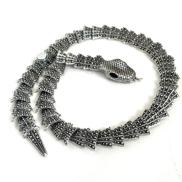 RARE Snake Necklace, Silver Serpentine Segmented Silver Serpent Choker with Black Stone Eyes, Gothic Statement Jewelry, Exotic Snake 