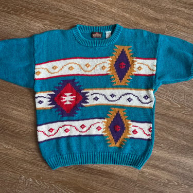 90’s Greatland Apparel Sweater Aztec Print Blue Short Sleeve Sweater 