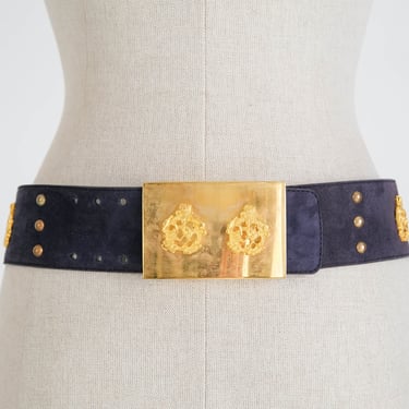 Vintage 80s ESCADA Navy Blue Suede Belt w/ Gold Crest Rivets & Heavy Brass Buckle | Made in W. Germany | 100% Leather | 1980s Designer Belt 