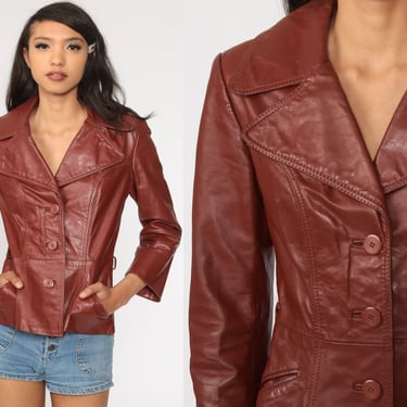 Brown Leather Jacket Leather Blazer 70s Bohemian Boho Hippie Coat Vintage 1970s Hipster Collared Button Up Preppy Fitted Extra Small xs 
