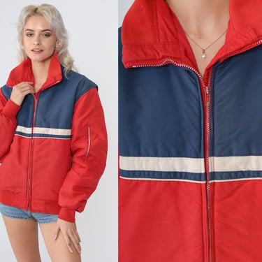 80s Ski Jacket Puffer Jacket Red Blue White Color Block Zip Up Puffy Coat Retro Skiwear Winter Bomber Vintage 1980s Liberty Bell Medium M 