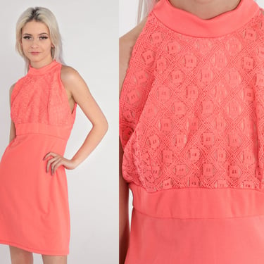 Mod Mini Dress 70s Hot Salmon Pink Lace Babydoll Dress Sleeveless Mock Neck Empire Waist Party A Line Shift Cocktail Vintage 1970s Small S 