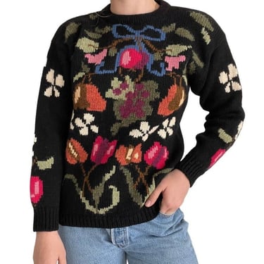 Vintage Womens 1989 Susan Bristol Wool Fruit Floral Hand Knitted Sweater Sz M 