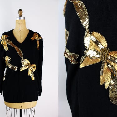 90s Beaded Gold Bow Black Sweater / Vintage Pullover /Golden Bow Sweater / 1980s / Gold Sequined Sweater/ Deep V Neck Sweater / Size L/XL 