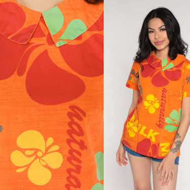 Hawaiian Floral Blouse 70s Orange Tropical Shirt Retro Pointed Flat Collar Mod Flower Print Short Sleeve Top Summer Vintage 1970s Small S 