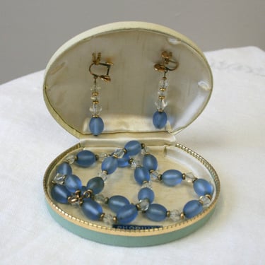 1930s Simmons Blue Glass Bead Demi Parure, with Necklace and Screw Back Earrings 
