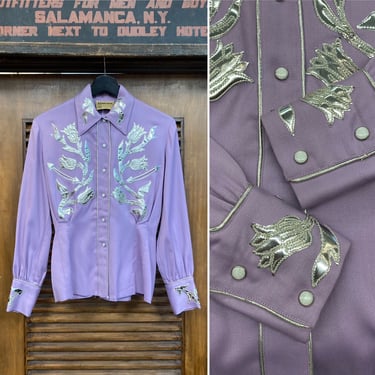 Vintage 1940’s “Ranch Maid” Label Lavender x Silver Gabardine Western Cowboy Shirt, 40’s Rockabilly, Vintage Clothing 