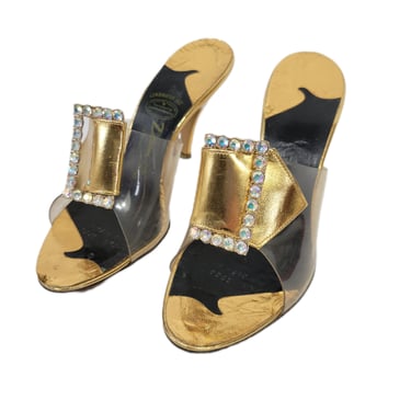 Dream Step Originals 1950's Clear Plastic Gold Rhinestone 4" Slip On Heels I 7.5 I Sandals I Shoes 