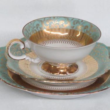 Eberthal Bavaria Porcelain Mint Gold Tea Cup Saucer and Dessert Plate Set 3126B