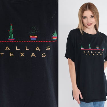 Dallas Texas Shirt 90s Embroidered T-Shirt Potted Plants Cactus Graphic Tee Tourist Travel TShirt TX Botanical Floral Black 1990s Vintage XL 