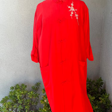 Vintage neon orange Asian theme robe duster floral hand embroidery sz M/L by Cavanagh’s Virgin Islands 