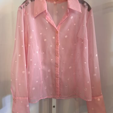 2010s Pink Dotted Sheer Button Up Blouse