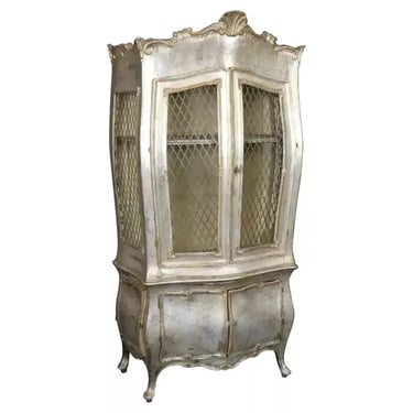 Silver Leaf Bombe Form Distressed Wire Mesh Door Vitrine China Cabinet