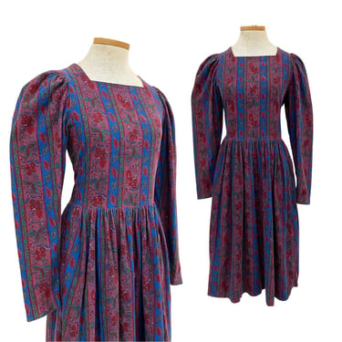 Vtg Vintage 1980s 80s Laura Ashley Jewel Tone Corduroy Poof Sleeve Midi Dress 