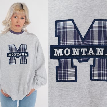 Montana Sweatshirt 90s Pullover Crewneck Sweater Plaid M Patch College Shirt Heather Grey Layered Double Crew Neck Vintage 1990s 2xl xxl 