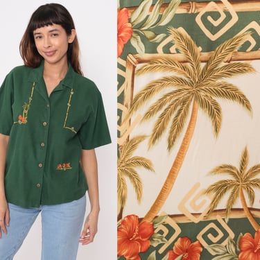 90s Hawaiian Shirt Green Palm Tree Shirt Tropical Embroidered Surfer 1990s Aloha Button Up Short Sleeve Surf Tiki Vintage Medium 