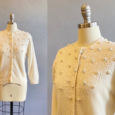 1950s Cream Sequined Cardigan / Beaded Sweater / White Beaded Sweater / Size Medium Large 