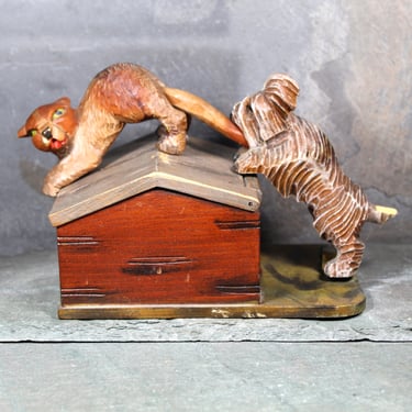 Antique Unsigned Anri Wooden Carved Mechanical Box | Dog Pulling Cat Tail Opens Box | Hand Carved Wooden Box | Bixley Shop 