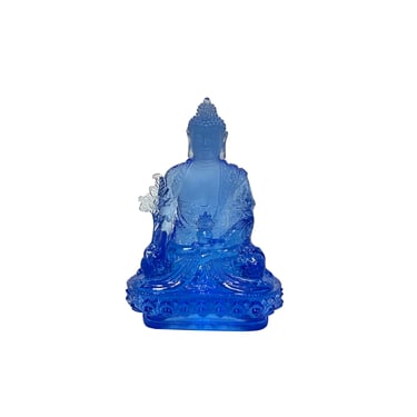 4.75" Blue Crystal Glass Lotus Cross Leg Medicine Amitabha Shakyamuni Buddha ws3666E 