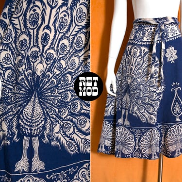 Groovy Vintage 70s Blue Beige Peacock Indian Wrap Skirt 