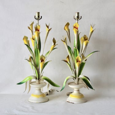 Vintage Italian Tole Flowers Urn Table Lamps- a pair 