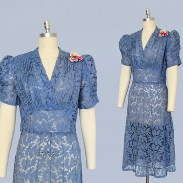 1930s Dress / 30s Cornflower Blue Sheer Lace Dress / Puffed Sleeves 