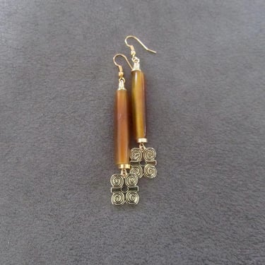 Gold adinkra symbol Afrocentric African earrings, orange bone primitive exotic earrings, strength dwennimmen 