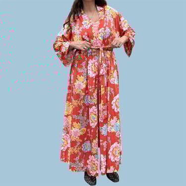 Vintage Vanity Fair Robe Retro 1960s Womens + Size Large + Red + Floral Print + Nylon + Long + House Coat + Dressing Robe + Loungewear 