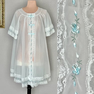 Chiffon Sheer White Robe, Negligee, Light Blue Trim, Embroidery, Vintage Lingerie, Boudoir 
