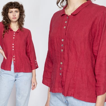 Large 90s Boho Raspberry Red Linen Blouse | Vintage 3/4 Sleeve Abalone Button Up Top 