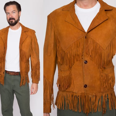 Small 40s 50s Oaxacan Buckskin Fringe Jacket | Vintage Mexican Distressed Tan Leather Western Cowboy Coat 