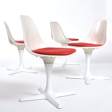 4 Restored Mid-Century Modern Burke White and Red Tulip Chairs 