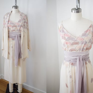 Vintage 1990s Hand Painted Silk Dress Set | S | 90s Pastel Print Slip Dress with Wrap Belt and Kimono-style Jacket 